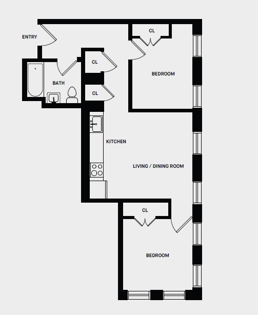 Floor plan for 2 beds, 1 bath, 595 sqft